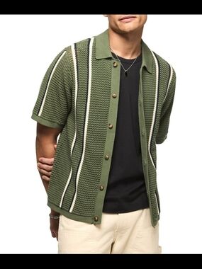 Olive Green Knit Short Sleeve Lucky Brand Button-Up Cardigan SZ XL